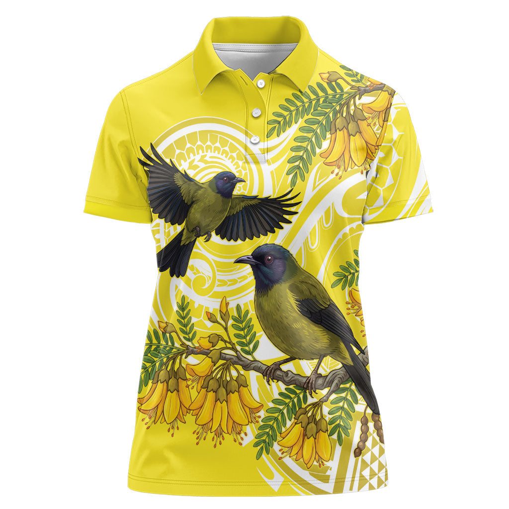 Bellbird New Zealand Women Polo Shirt Korimako Kowhai Maori Pattern