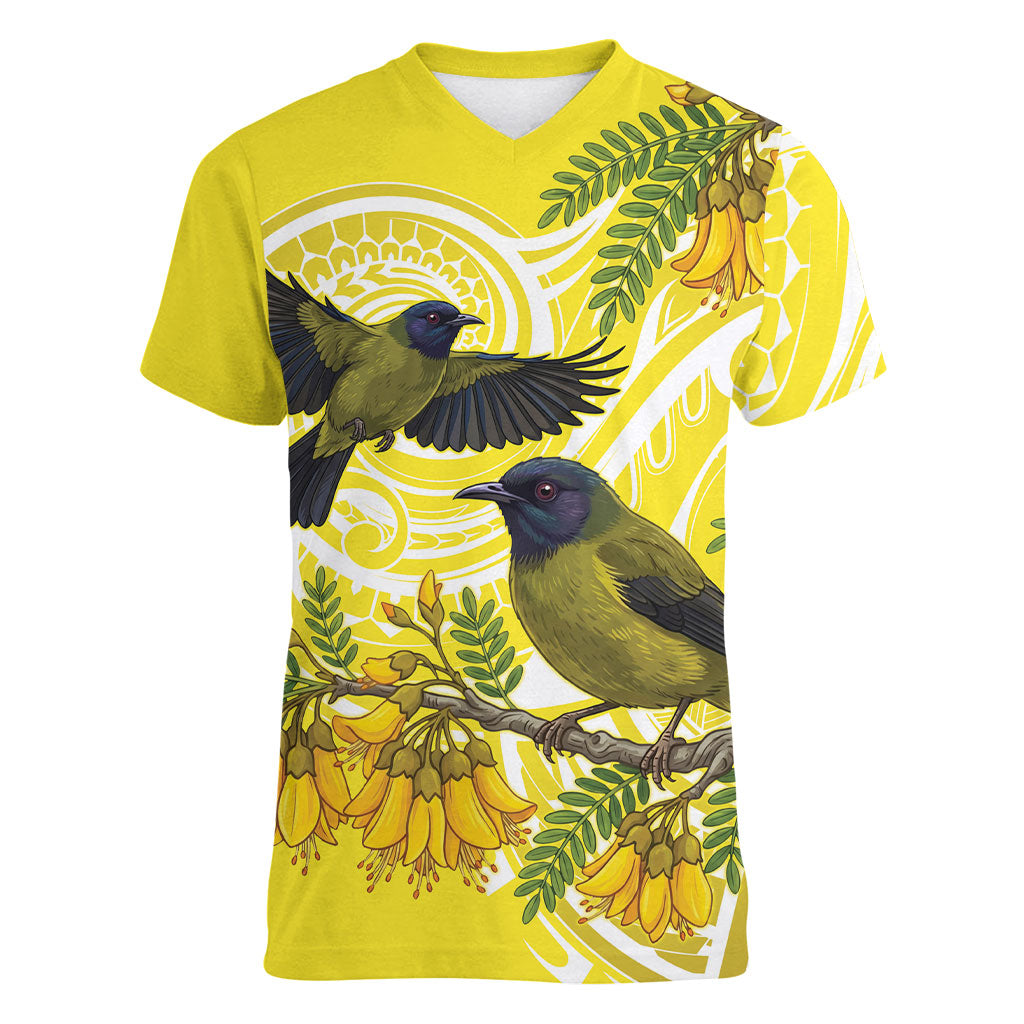 Bellbird New Zealand Women V-Neck T-Shirt Korimako Kowhai Maori Pattern