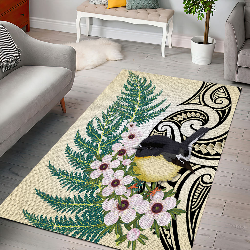 Endemic Tomtit New Zealand Area Rug Miromiro Manuka Silver Fern Maori Pattern