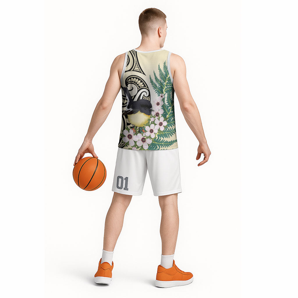 Endemic Tomtit New Zealand Basketball Jersey Miromiro Manuka Silver Fern Maori Pattern