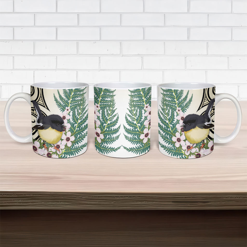 Endemic Tomtit New Zealand Ceramic Mug Miromiro Manuka Silver Fern Maori Pattern