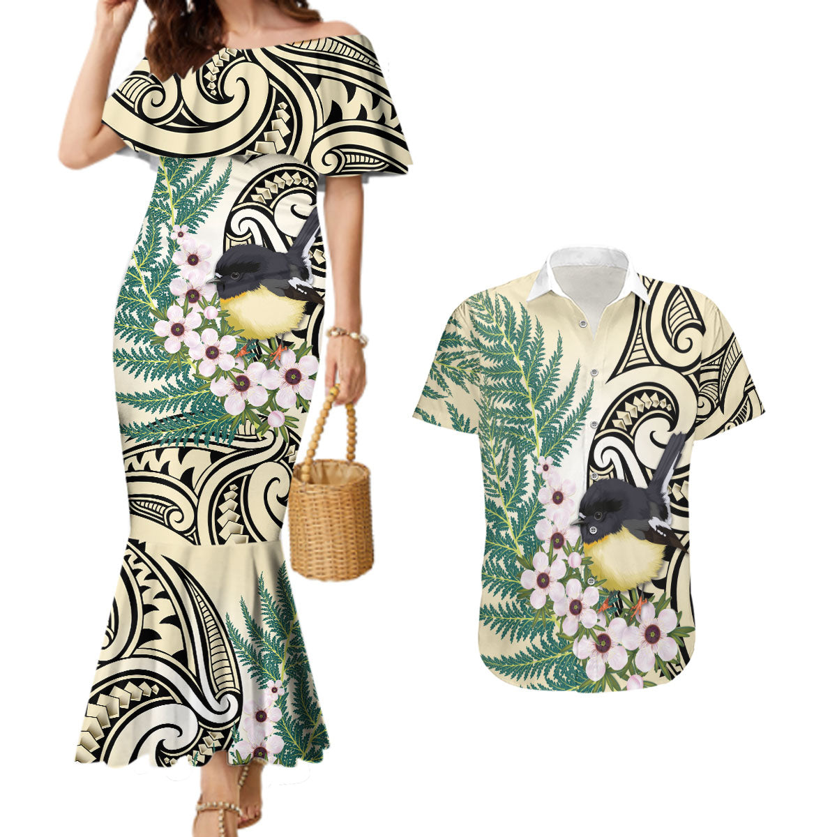 Endemic Tomtit New Zealand Couples Matching Mermaid Dress and Hawaiian Shirt Miromiro Manuka Silver Fern Maori Pattern LT14 Cream - Polynesian Pride