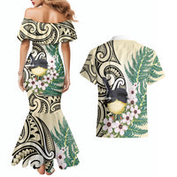 Endemic Tomtit New Zealand Couples Matching Mermaid Dress and Hawaiian Shirt Miromiro Manuka Silver Fern Maori Pattern LT14 - Polynesian Pride