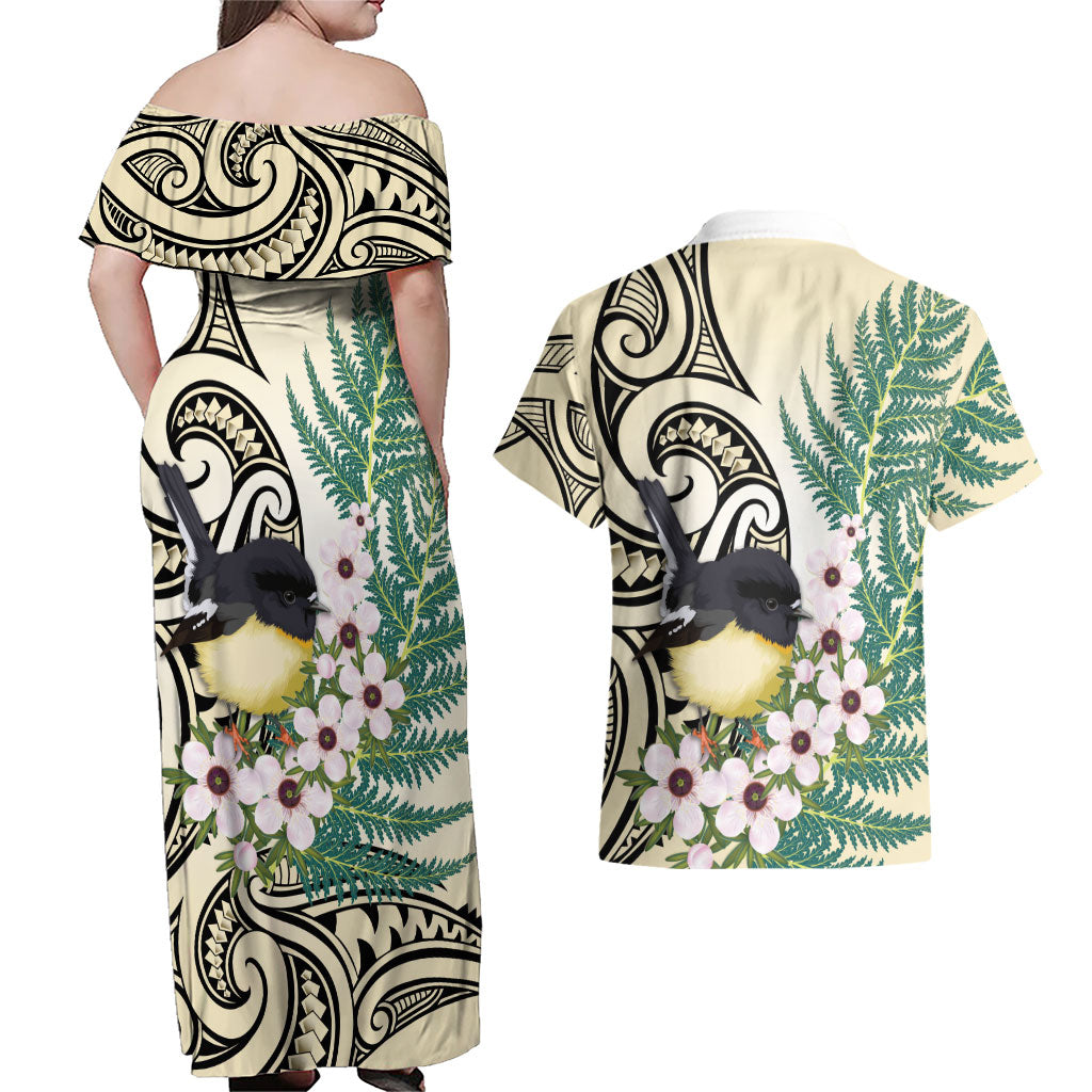 Endemic Tomtit New Zealand Couples Matching Off Shoulder Maxi Dress and Hawaiian Shirt Miromiro Manuka Silver Fern Maori Pattern LT14 - Polynesian Pride