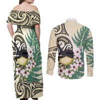 Endemic Tomtit New Zealand Couples Matching Off Shoulder Maxi Dress and Long Sleeve Button Shirt Miromiro Manuka Silver Fern Maori Pattern