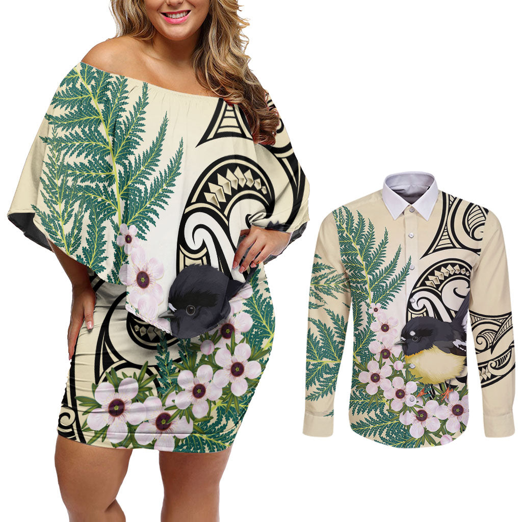 Endemic Tomtit New Zealand Couples Matching Off Shoulder Short Dress and Long Sleeve Button Shirt Miromiro Manuka Silver Fern Maori Pattern