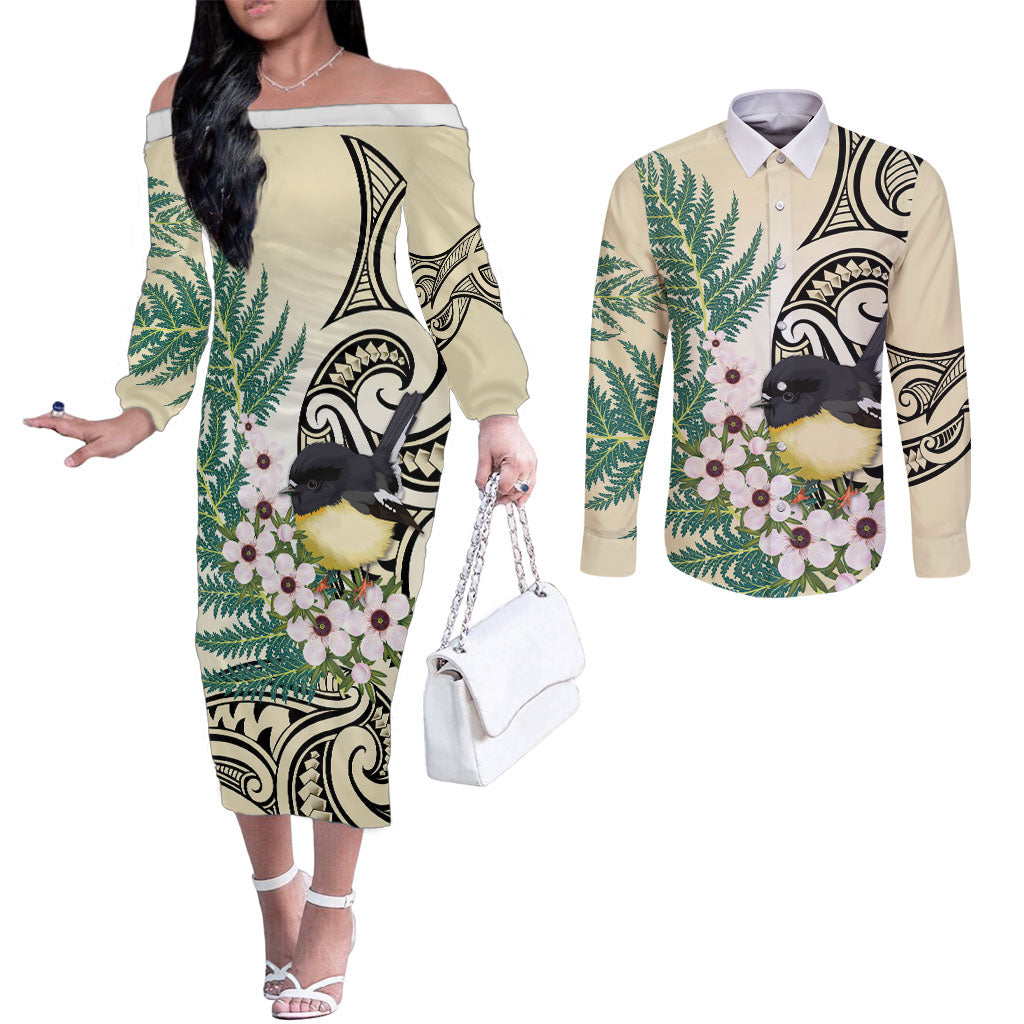 Endemic Tomtit New Zealand Couples Matching Off The Shoulder Long Sleeve Dress and Long Sleeve Button Shirt Miromiro Manuka Silver Fern Maori Pattern LT14 Cream - Polynesian Pride