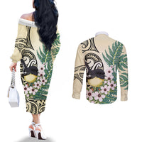 Endemic Tomtit New Zealand Couples Matching Off The Shoulder Long Sleeve Dress and Long Sleeve Button Shirt Miromiro Manuka Silver Fern Maori Pattern LT14 - Polynesian Pride