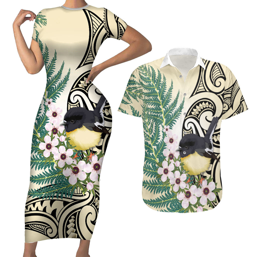 Endemic Tomtit New Zealand Couples Matching Short Sleeve Bodycon Dress and Hawaiian Shirt Miromiro Manuka Silver Fern Maori Pattern LT14 Cream - Polynesian Pride
