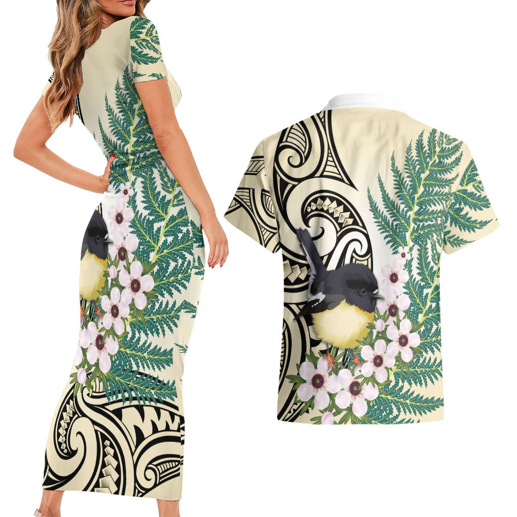 Endemic Tomtit New Zealand Couples Matching Short Sleeve Bodycon Dress and Hawaiian Shirt Miromiro Manuka Silver Fern Maori Pattern LT14 - Polynesian Pride