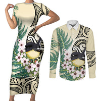 Endemic Tomtit New Zealand Couples Matching Short Sleeve Bodycon Dress and Long Sleeve Button Shirt Miromiro Manuka Silver Fern Maori Pattern LT14 Cream - Polynesian Pride