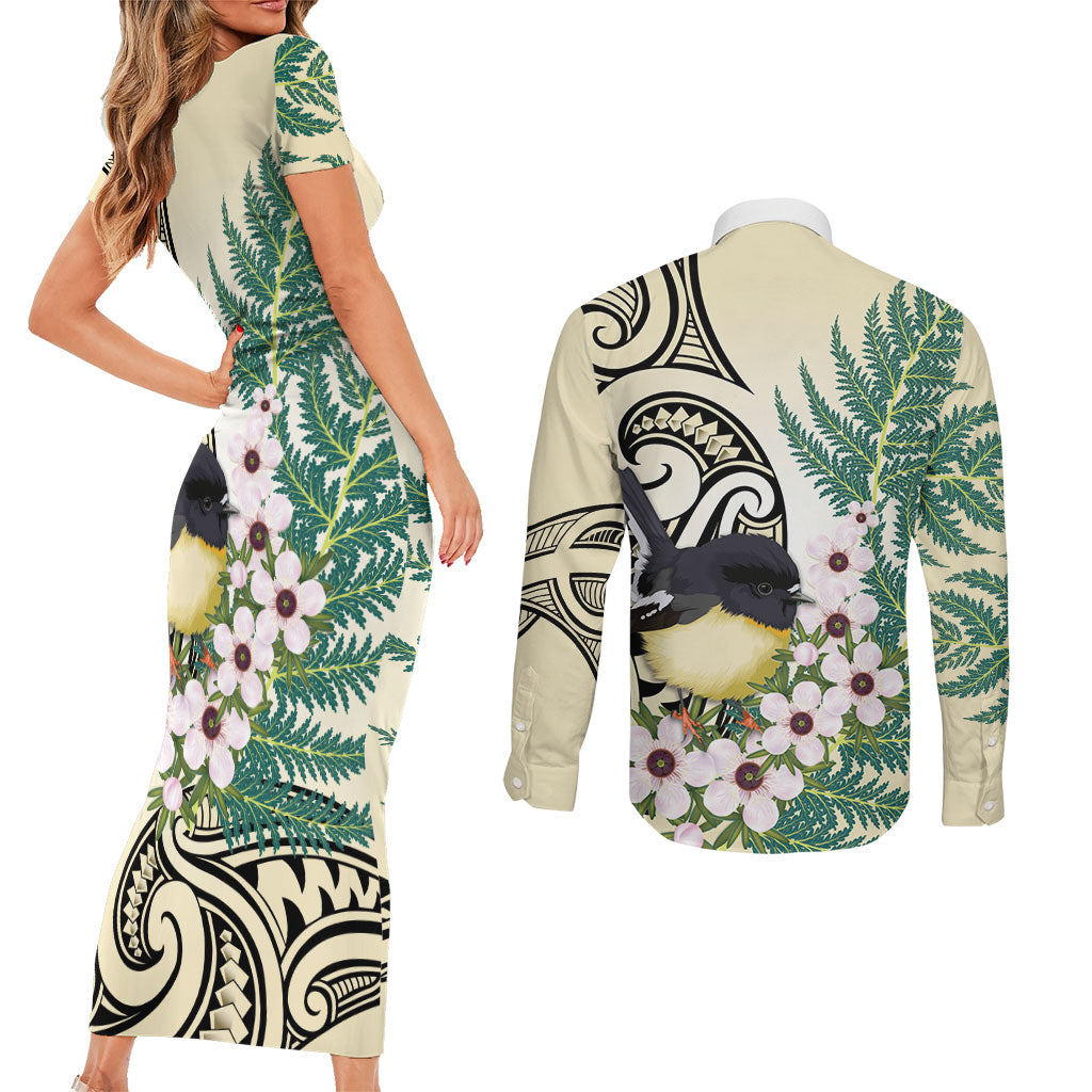 Endemic Tomtit New Zealand Couples Matching Short Sleeve Bodycon Dress and Long Sleeve Button Shirt Miromiro Manuka Silver Fern Maori Pattern LT14 - Polynesian Pride