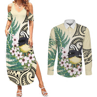 Endemic Tomtit New Zealand Couples Matching Summer Maxi Dress and Long Sleeve Button Shirt Miromiro Manuka Silver Fern Maori Pattern
