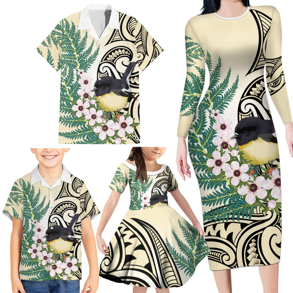 Endemic Tomtit New Zealand Family Matching Long Sleeve Bodycon Dress and Hawaiian Shirt Miromiro Manuka Silver Fern Maori Pattern LT14 - Polynesian Pride