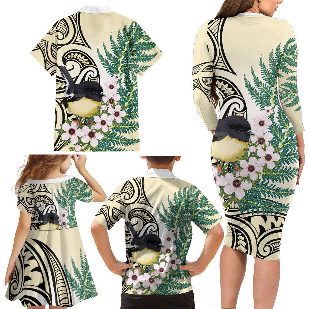 Endemic Tomtit New Zealand Family Matching Long Sleeve Bodycon Dress and Hawaiian Shirt Miromiro Manuka Silver Fern Maori Pattern LT14 - Polynesian Pride