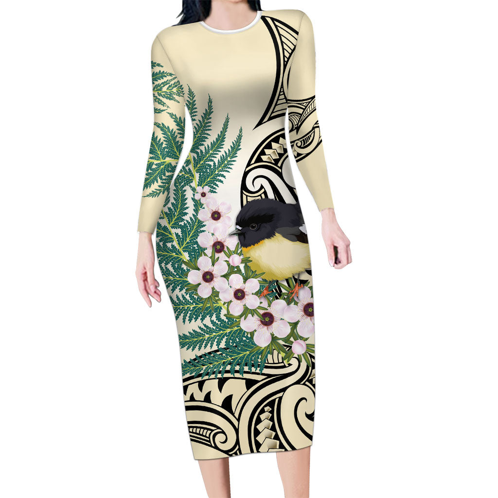 Endemic Tomtit New Zealand Family Matching Long Sleeve Bodycon Dress and Hawaiian Shirt Miromiro Manuka Silver Fern Maori Pattern LT14 Mom's Dress Cream - Polynesian Pride