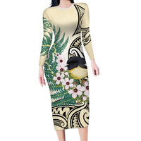 Endemic Tomtit New Zealand Family Matching Long Sleeve Bodycon Dress and Hawaiian Shirt Miromiro Manuka Silver Fern Maori Pattern LT14 Mom's Dress Cream - Polynesian Pride