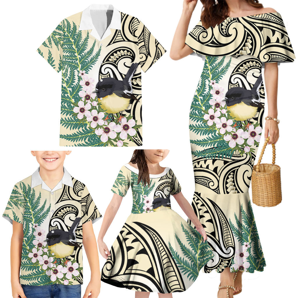 Endemic Tomtit New Zealand Family Matching Mermaid Dress and Hawaiian Shirt Miromiro Manuka Silver Fern Maori Pattern LT14 - Polynesian Pride
