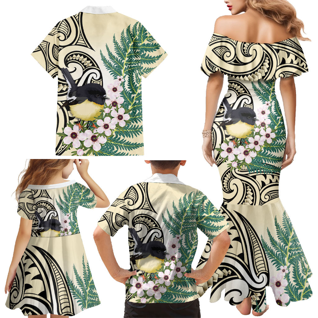 Endemic Tomtit New Zealand Family Matching Mermaid Dress and Hawaiian Shirt Miromiro Manuka Silver Fern Maori Pattern LT14 - Polynesian Pride
