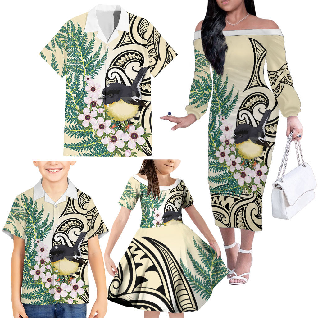 Endemic Tomtit New Zealand Family Matching Off The Shoulder Long Sleeve Dress and Hawaiian Shirt Miromiro Manuka Silver Fern Maori Pattern LT14 - Polynesian Pride