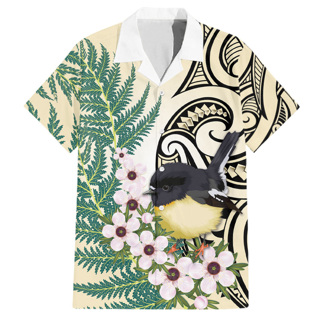 Endemic Tomtit New Zealand Family Matching Off The Shoulder Long Sleeve Dress and Hawaiian Shirt Miromiro Manuka Silver Fern Maori Pattern LT14 Dad's Shirt - Short Sleeve Cream - Polynesian Pride
