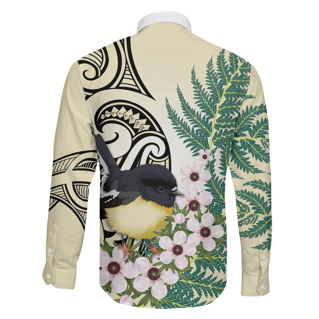 Endemic Tomtit New Zealand Family Matching Off The Shoulder Long Sleeve Dress and Hawaiian Shirt Miromiro Manuka Silver Fern Maori Pattern LT14 - Polynesian Pride