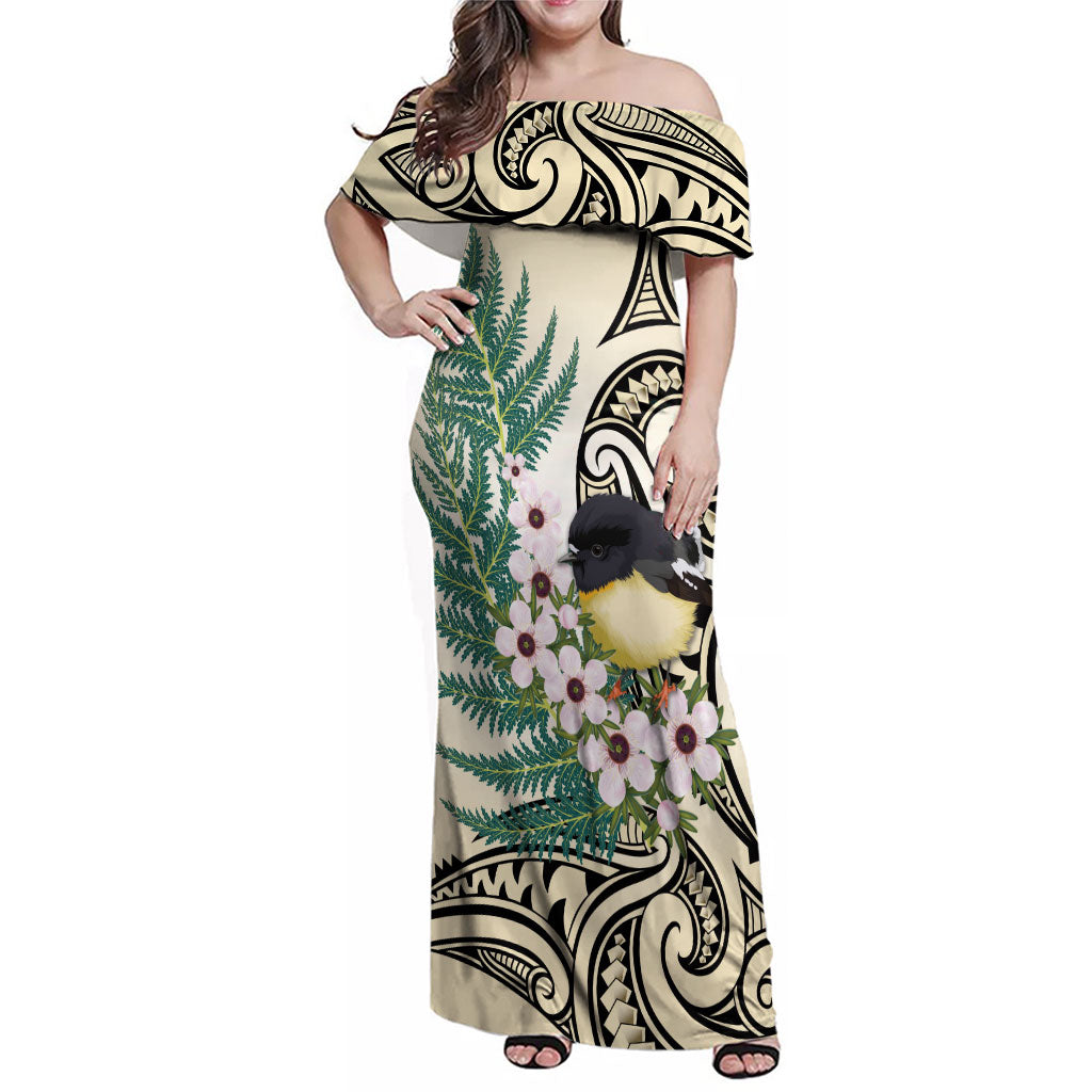 Endemic Tomtit New Zealand Family Matching Off Shoulder Maxi Dress and Hawaiian Shirt Miromiro Manuka Silver Fern Maori Pattern LT14 Mom's Dress Cream - Polynesian Pride