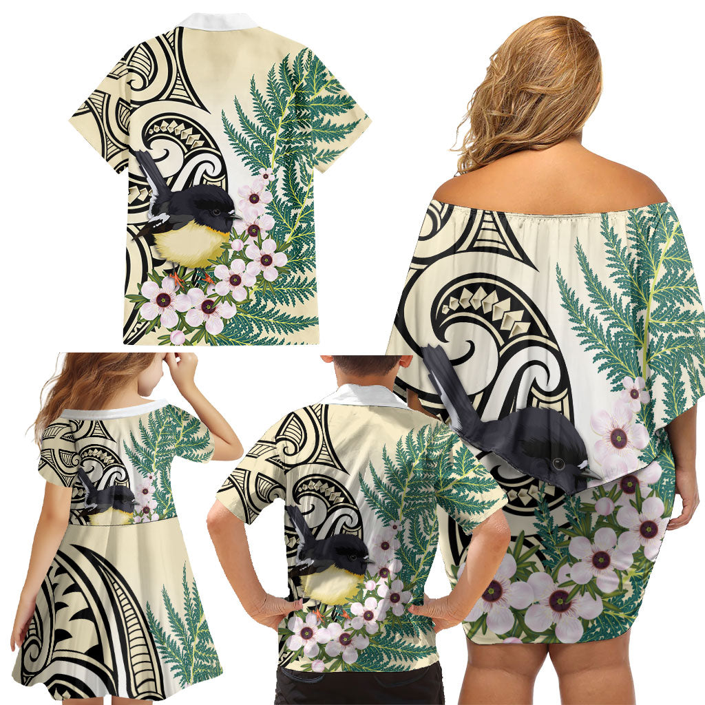Endemic Tomtit New Zealand Family Matching Off Shoulder Short Dress and Hawaiian Shirt Miromiro Manuka Silver Fern Maori Pattern LT14 - Polynesian Pride