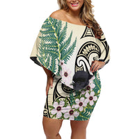 Endemic Tomtit New Zealand Family Matching Off Shoulder Short Dress and Hawaiian Shirt Miromiro Manuka Silver Fern Maori Pattern LT14 Mom's Dress Cream - Polynesian Pride