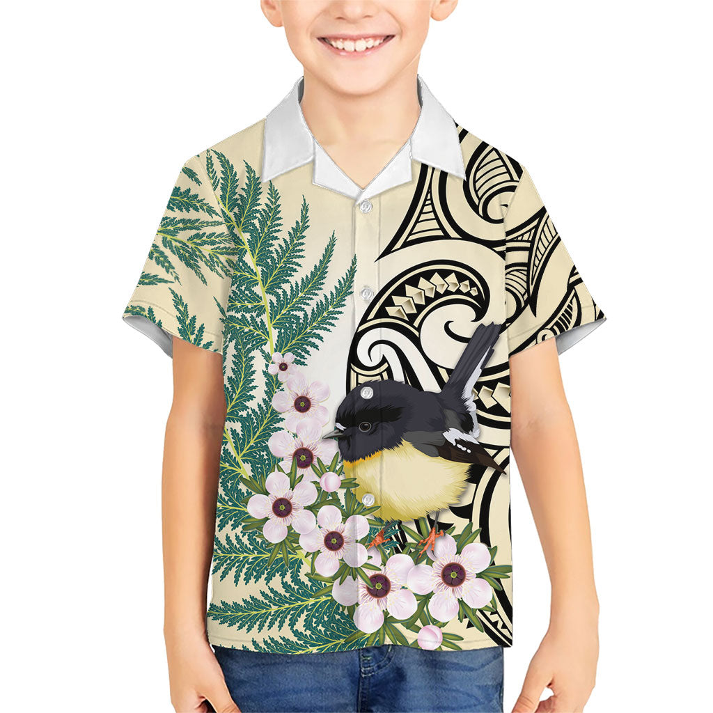 Endemic Tomtit New Zealand Family Matching Off Shoulder Short Dress and Hawaiian Shirt Miromiro Manuka Silver Fern Maori Pattern LT14 Son's Shirt Cream - Polynesian Pride