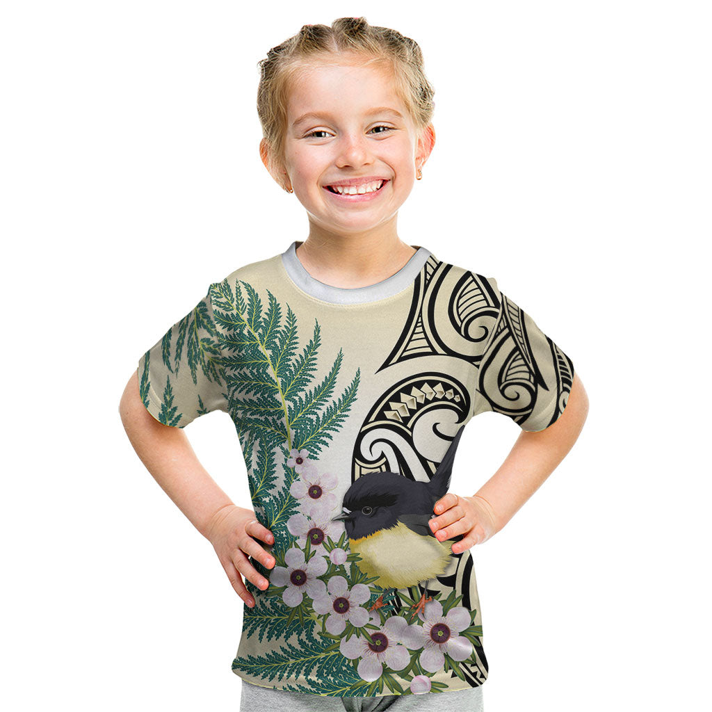 Endemic Tomtit New Zealand Kid T Shirt Miromiro Manuka Silver Fern Maori Pattern