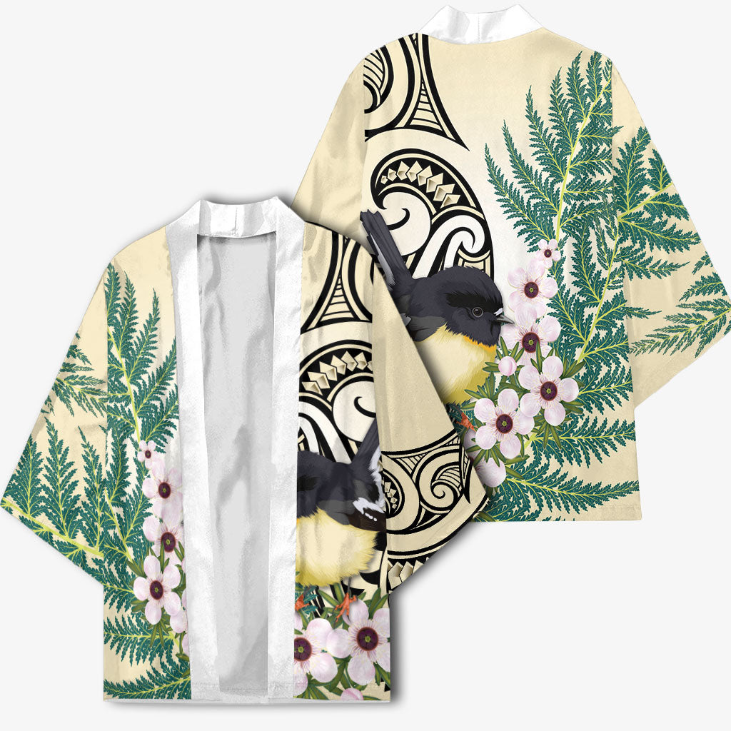 Endemic Tomtit New Zealand Kimono Miromiro Manuka Silver Fern Maori Pattern