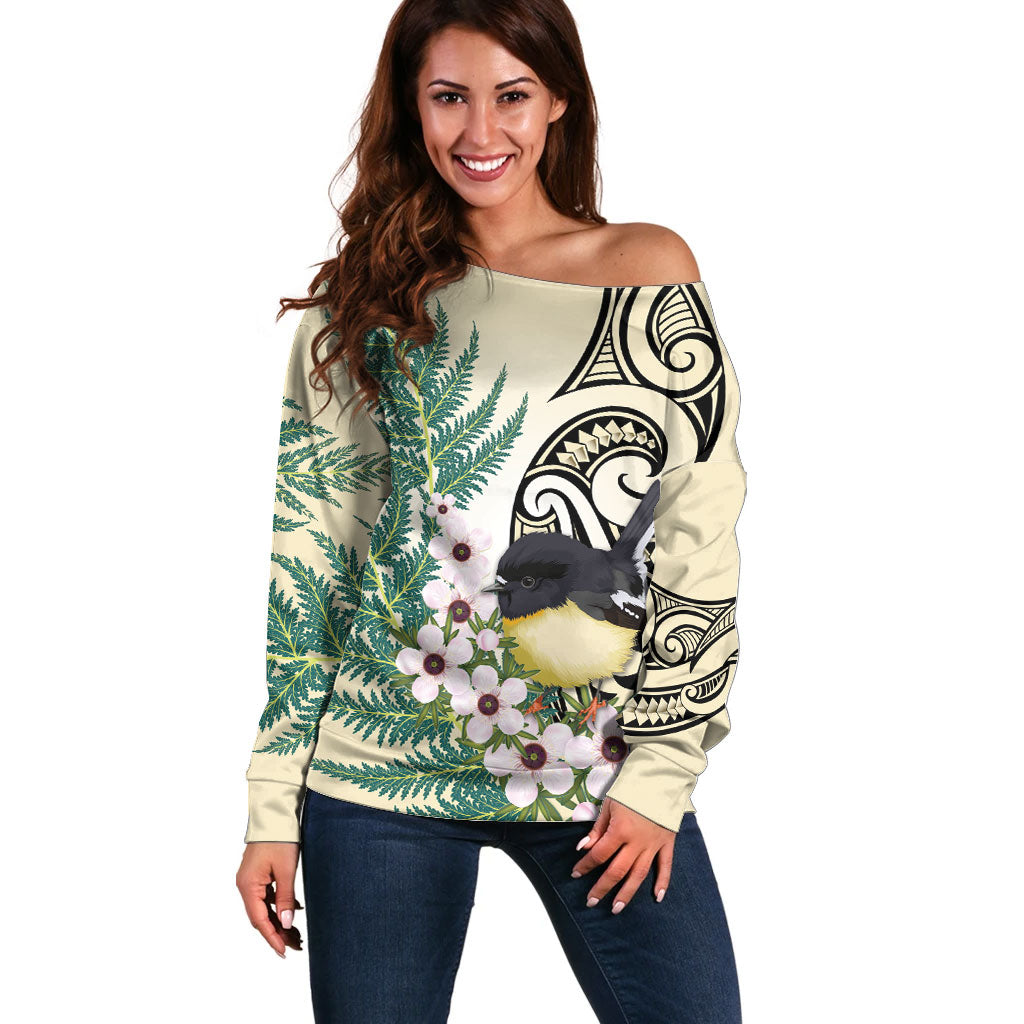Endemic Tomtit New Zealand Off Shoulder Sweater Miromiro Manuka Silver Fern Maori Pattern