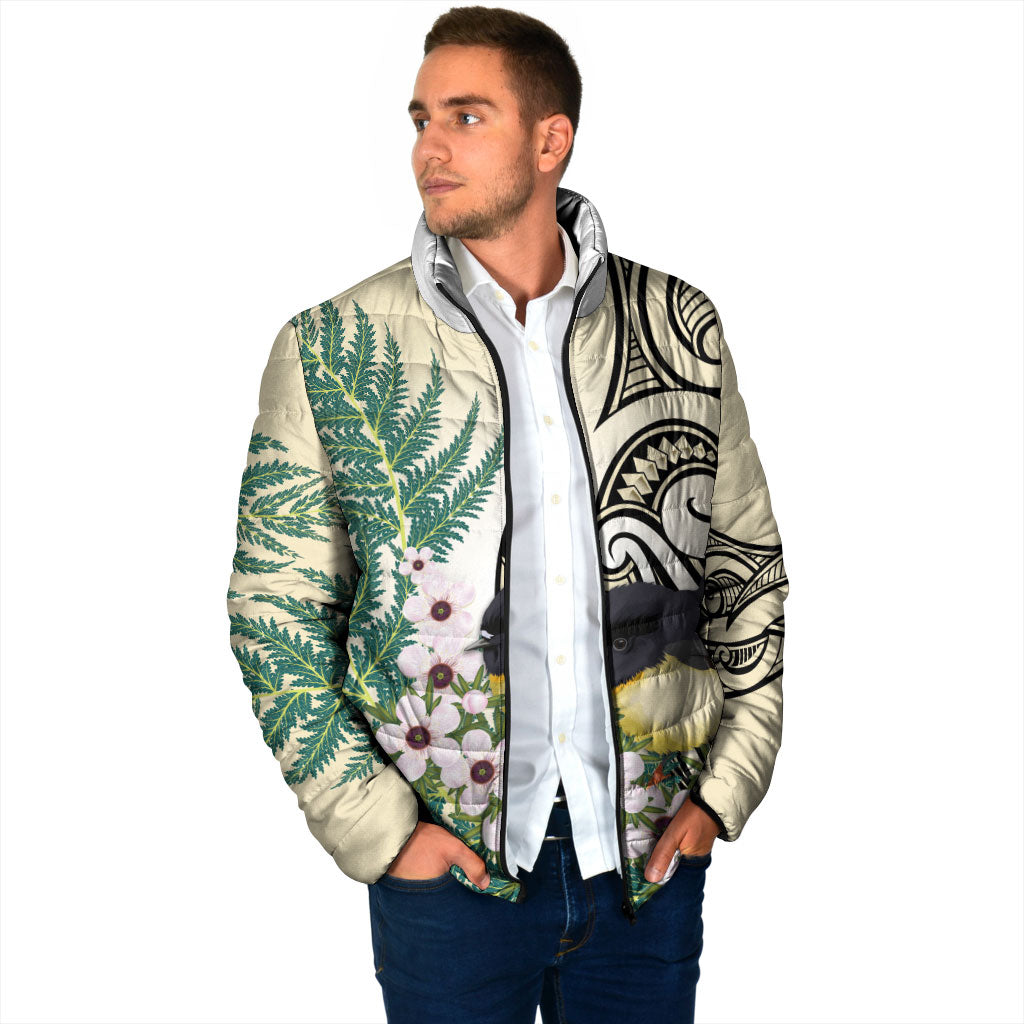 Endemic Tomtit New Zealand Padded Jacket Miromiro Manuka Silver Fern Maori Pattern