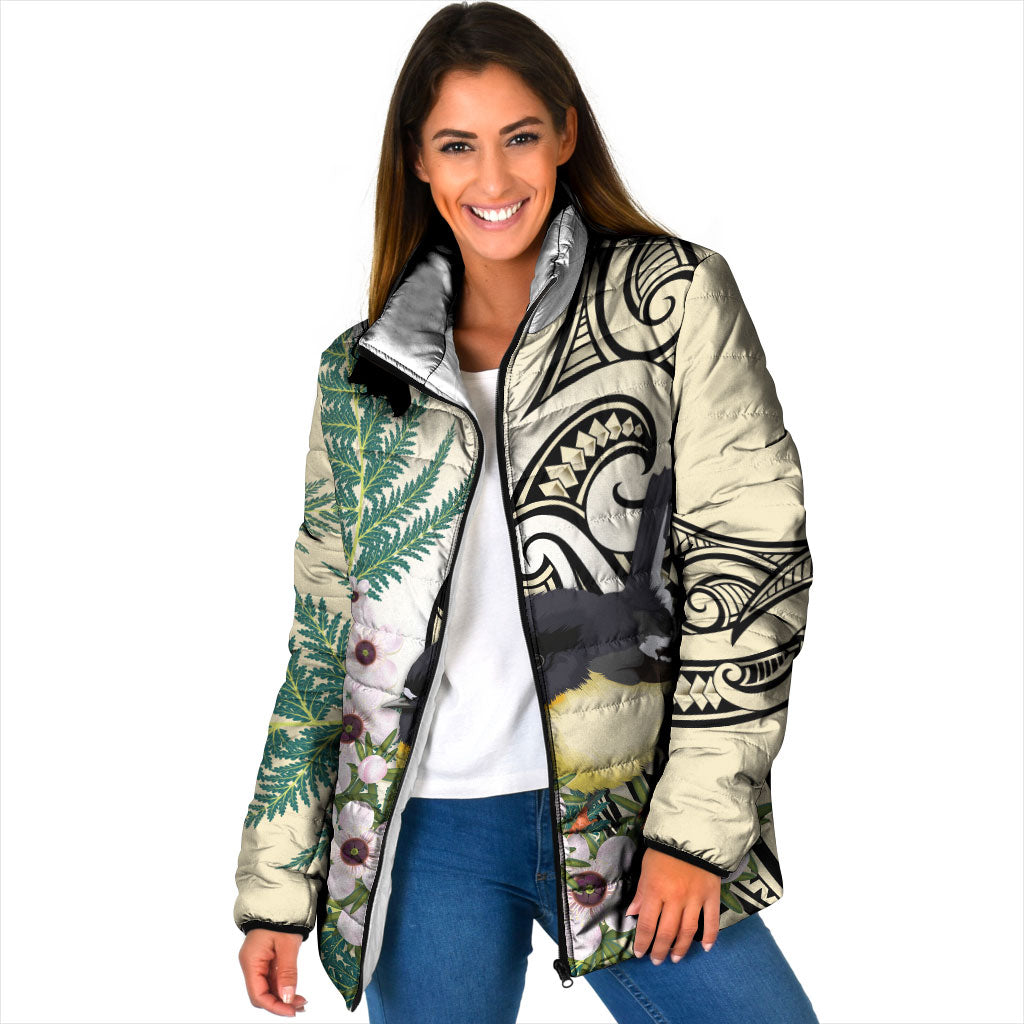 Endemic Tomtit New Zealand Padded Jacket Miromiro Manuka Silver Fern Maori Pattern