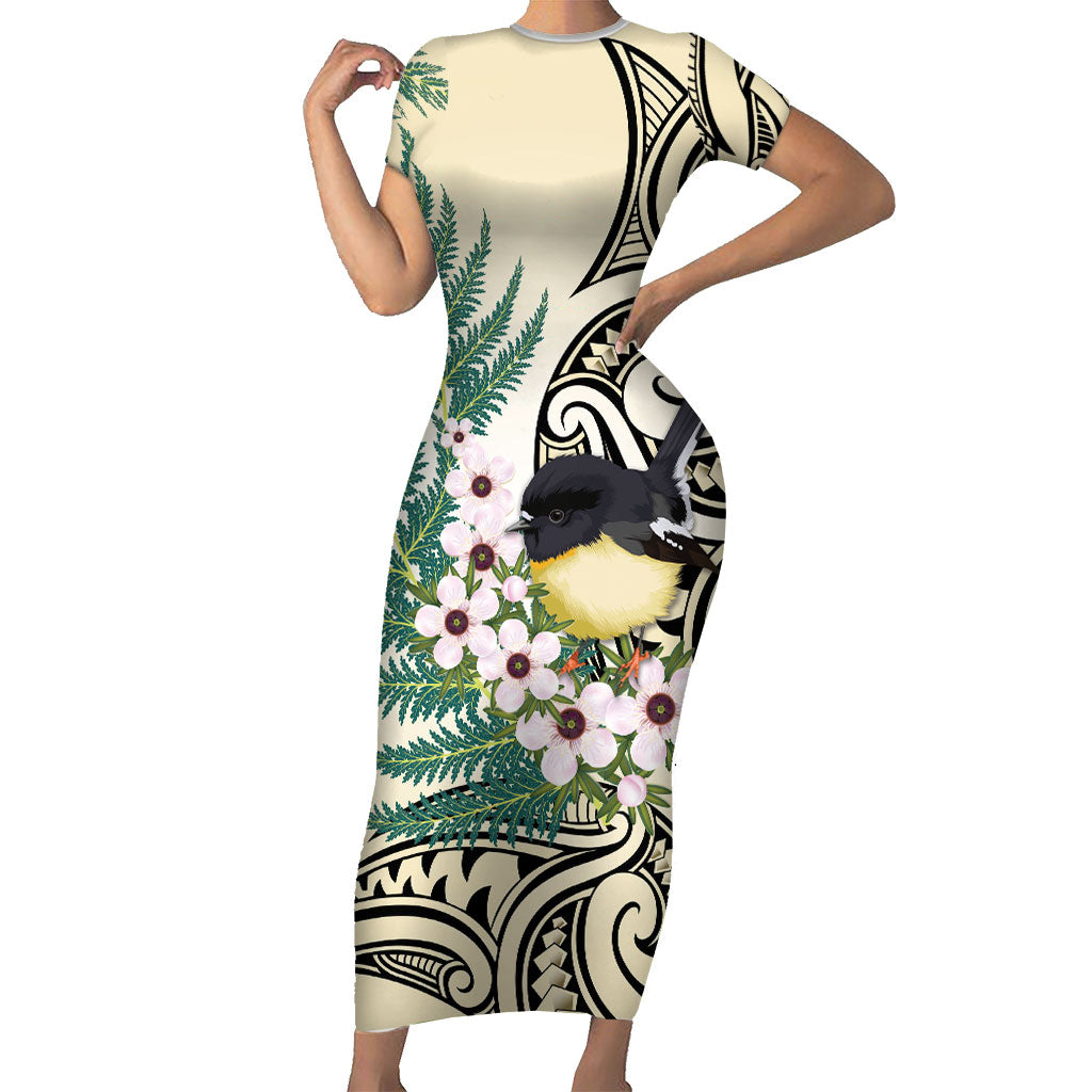 Endemic Tomtit New Zealand Short Sleeve Bodycon Dress Miromiro Manuka Silver Fern Maori Pattern