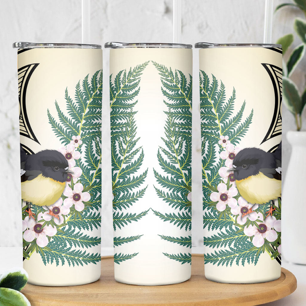 Endemic Tomtit New Zealand Skinny Tumbler Miromiro Manuka Silver Fern Maori Pattern