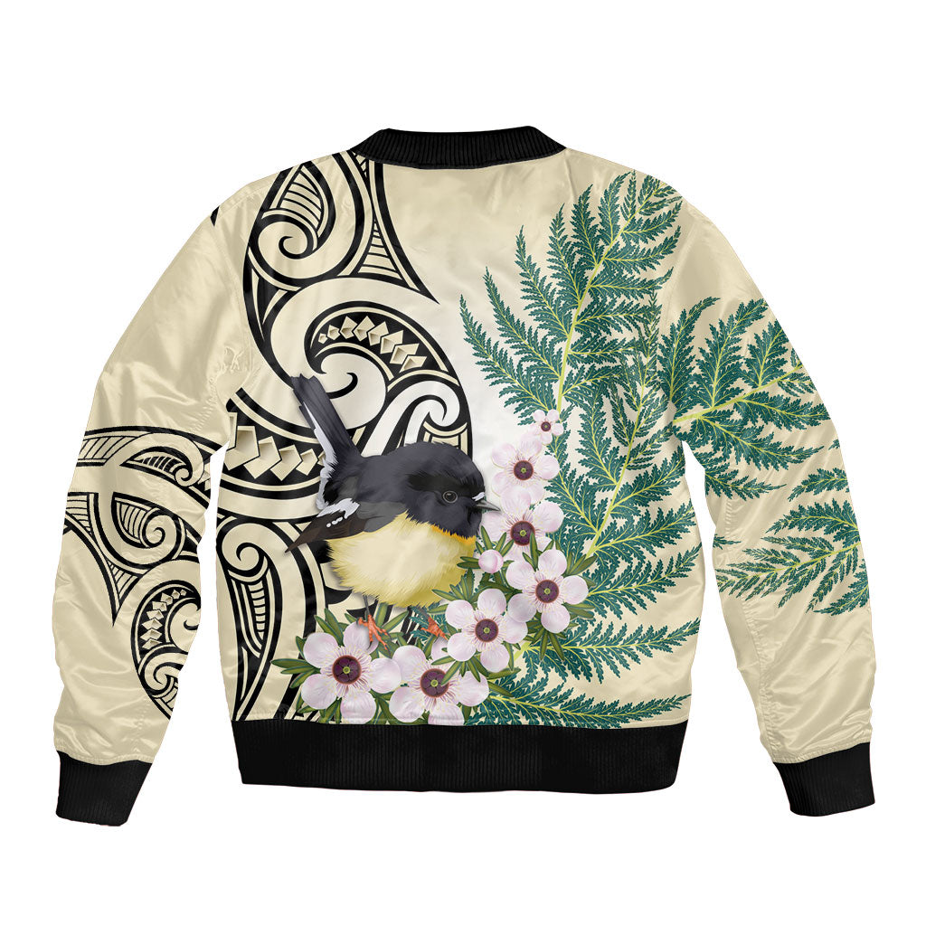 Endemic Tomtit New Zealand Sleeve Zip Bomber Jacket Miromiro Manuka Silver Fern Maori Pattern
