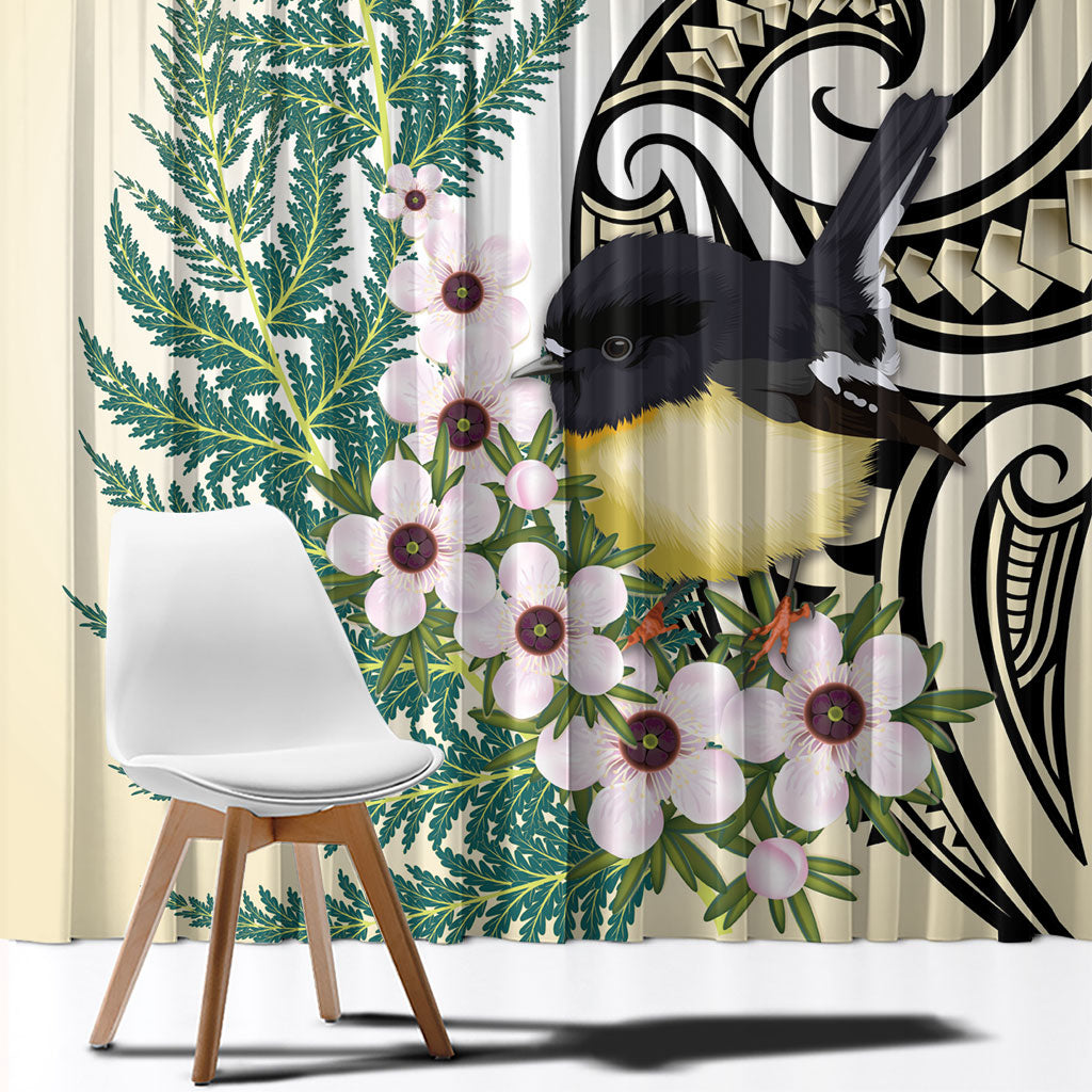 Endemic Tomtit New Zealand Window Curtain Miromiro Manuka Silver Fern Maori Pattern