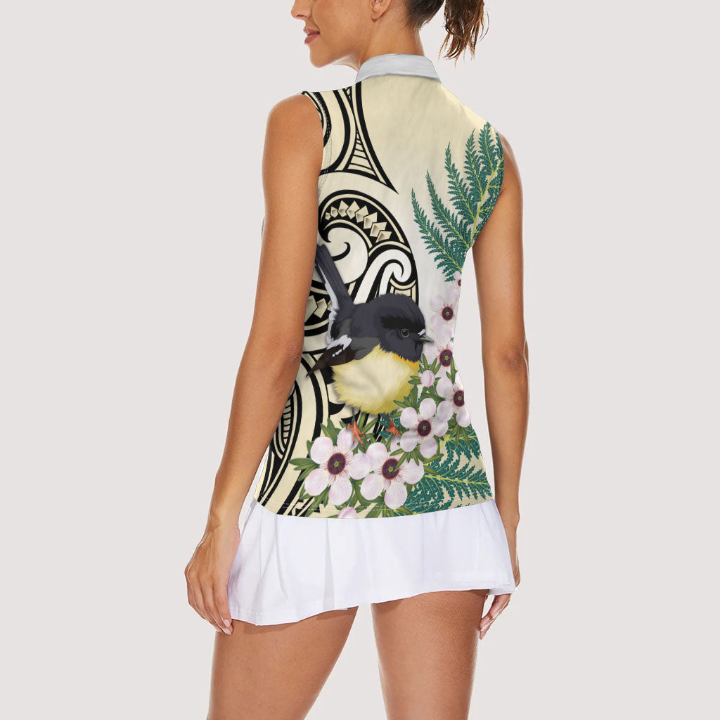 Endemic Tomtit New Zealand Women Sleeveless Polo Shirt Miromiro Manuka Silver Fern Maori Pattern