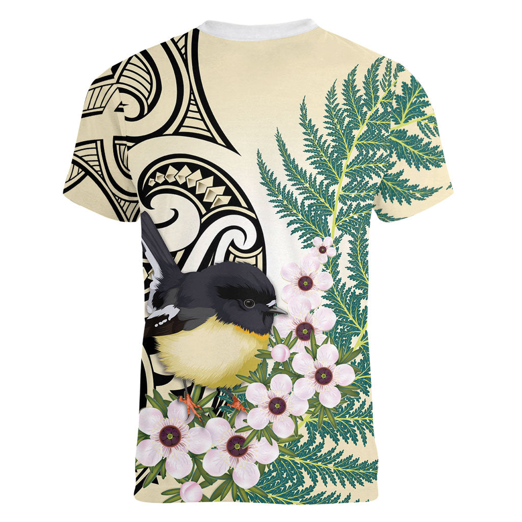 Endemic Tomtit New Zealand Women V-Neck T-Shirt Miromiro Manuka Silver Fern Maori Pattern