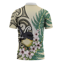 Endemic Tomtit New Zealand Zipper Polo Shirt Miromiro Manuka Silver Fern Maori Pattern