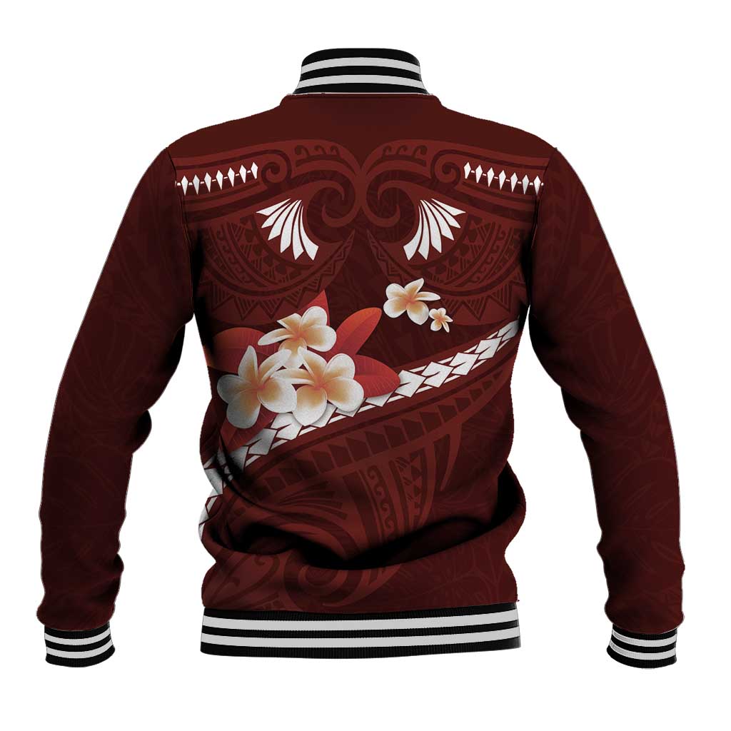 Oxblood Polynesia Baseball Jacket Tribal Pattern Tropical Frangipani