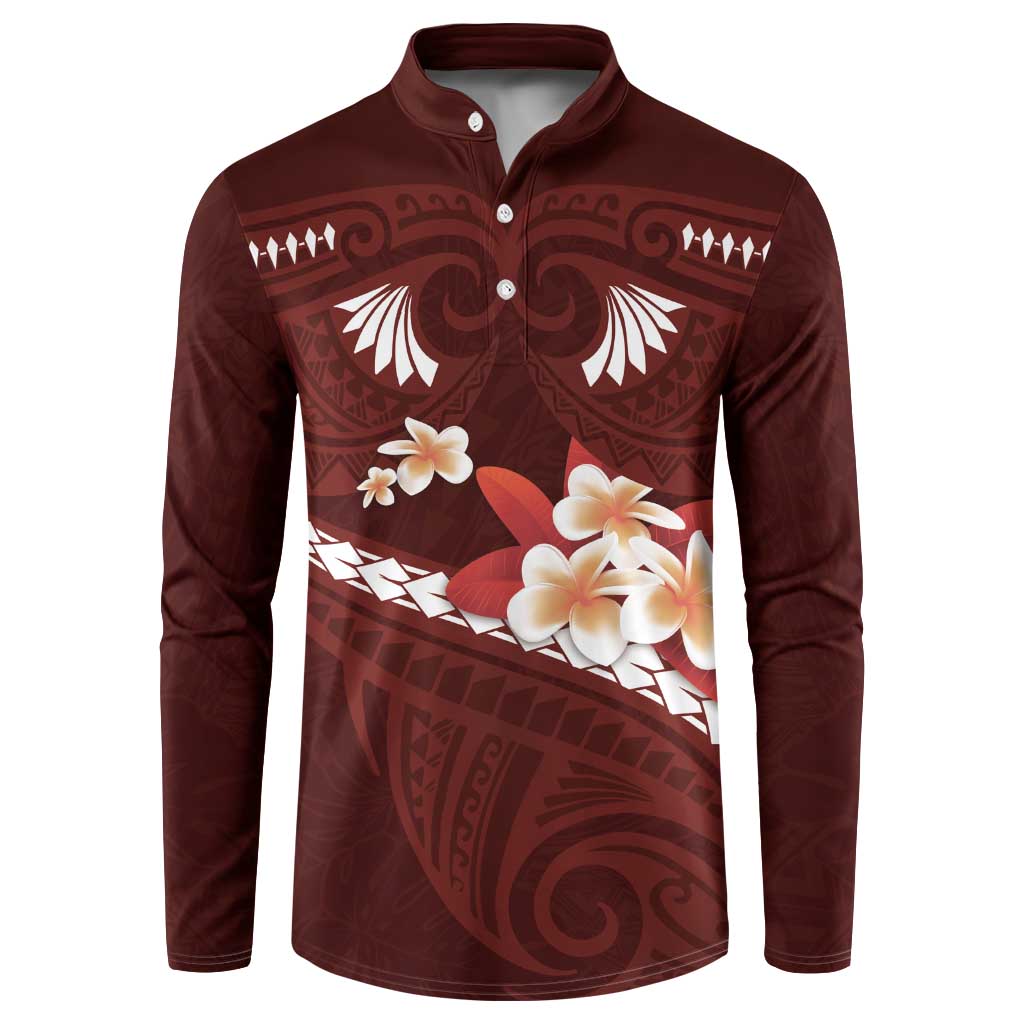 Oxblood Polynesia Button Sweatshirt Tribal Pattern Tropical Frangipani
