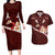 Oxblood Polynesia Couples Matching Long Sleeve Bodycon Dress and Hawaiian Shirt Tribal Pattern Tropical Frangipani