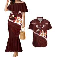 Oxblood Polynesia Couples Matching Mermaid Dress and Hawaiian Shirt Tribal Pattern Tropical Frangipani