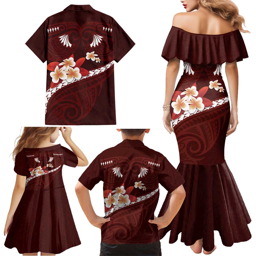 Oxblood Polynesia Family Matching Mermaid Dress and Hawaiian Shirt Tribal Pattern Tropical Frangipani