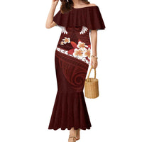 Oxblood Polynesia Family Matching Mermaid Dress and Hawaiian Shirt Tribal Pattern Tropical Frangipani