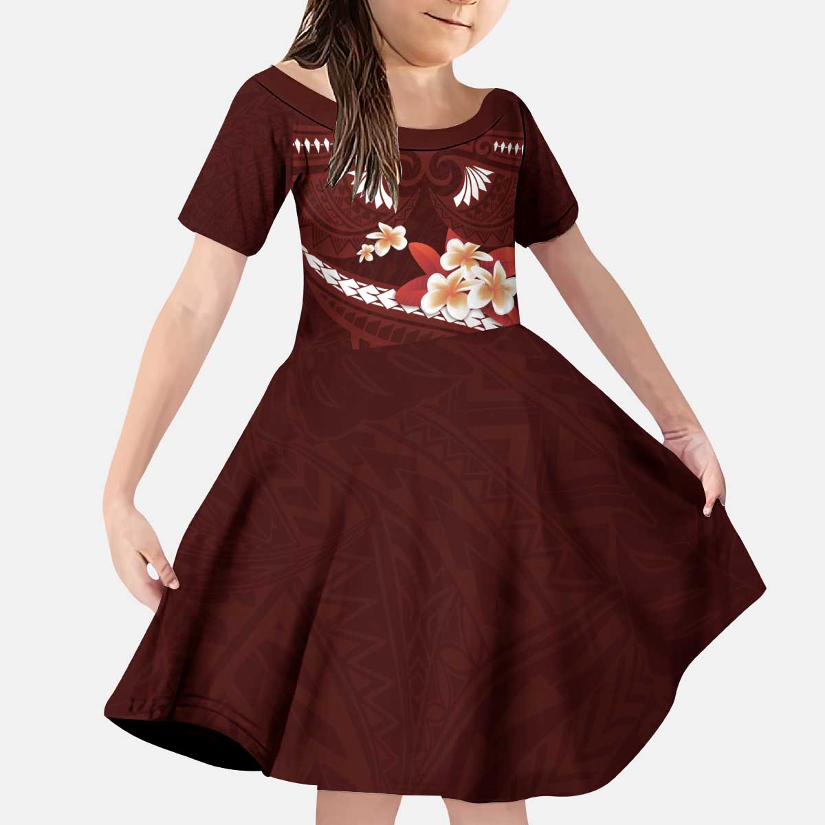 Oxblood Polynesia Kid Short Sleeve Dress Tribal Pattern Tropical Frangipani LT14 KID Oxblood - Polynesian Pride