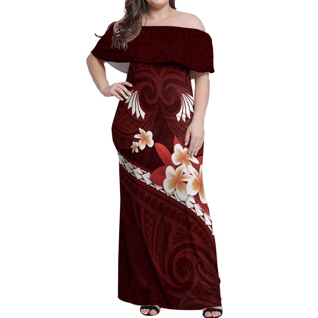 Oxblood Polynesia Off Shoulder Maxi Dress Tribal Pattern Tropical Frangipani